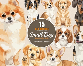 15 Bundle Watercolor Small Dog Fluffy Animal Pet Breeds Lover Cartoon Art Clipart Digital File Transparent Eps / Svg / Png illustration