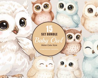 15 Bundle Watercolor Baby Owl Sweet Bird Flying Smart Kids Sticker Cartoon Art Clipart Digital File Transparent Eps / Svg / Png illustration