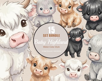 15 Bundle Watercolor Baby Highland Buffalo Cow Horn Farm Sticker Cartoon Art Clipart Digital File Transparent Eps / Svg / Png illustration