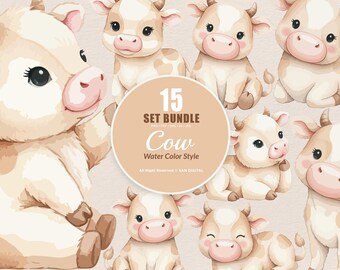 15 Bundle Watercolor Cow Kids Brown Buffalo Milk Horn Farm Sticker Cartoon Art Clipart Digital File Transparent Eps / Svg / Png illustration