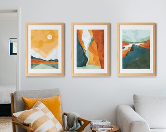 Set of Six Minimalist Landscape Illustrations Featuring Mountain Views and Sun Silhouettes (Digital Download)