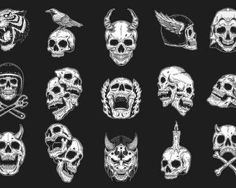 May include: A collection of 18 black and white illustrations of skulls with various designs, including a tiger, a crow, a motorcycle helmet, flames, and a Japanese demon mask.