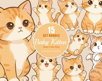 15 Bundle Watercolor Baby Kitten Small Pet Orange Happy Cats Breeds Lazy Art Clipart Digital File Transparent Eps / Svg / Png illustration