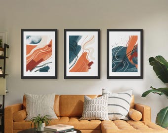 Set of Six Abstract Minimalist Wall Decor Pieces with Earthy Tones and Blue Brush Strokes (Digital Download)