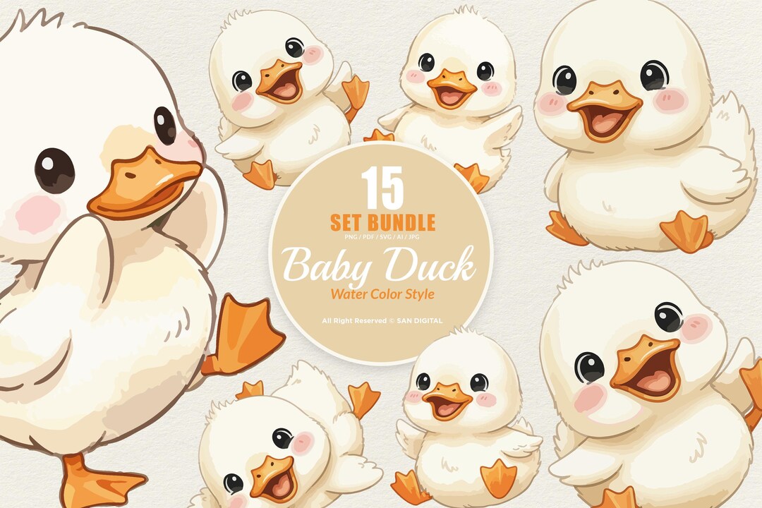15 Bundle Watercolor Baby Duck Cute Animal Farm Yellow Duckling Kids ...