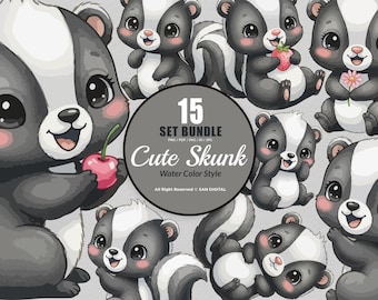 15 Bundle Watercolor Cute Skunk Stripe Forest Animal Tail Kids Cartoon Clipart Digital File Transparent Eps / Svg / Png illustration