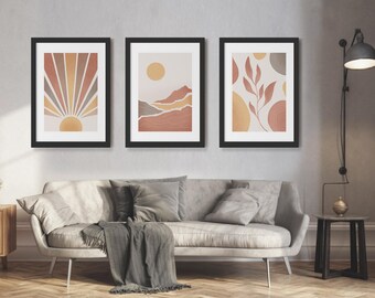Set of six minimalist black wall art pieces featuring boho style sun and moon prints (Digital Download)