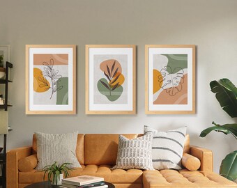 Set of Six Minimalist Botanical Illustrations with Abstract Shapes and Warm Earth Tones (Digital Download)