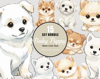 15 Bundle Watercolor Baby Puppy Dog Fluffy Pet Breed Lover Sticker Cartoon Art Clipart Digital File Transparent Eps / Svg / Png illustration