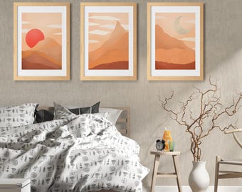 Set of six mid century modern boho wall art featuring desert scenery and earthy tones (Digital Download)