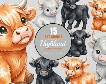 15 Bundle Watercolor Highland Buffalo Horn Farm Sticker Cartoon Art Clipart Digital File Transparent Eps / Svg / Png illustration