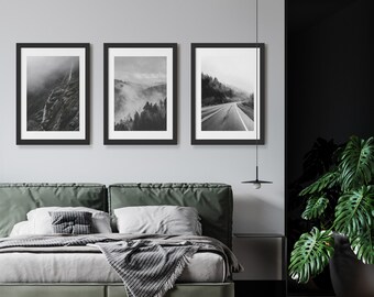 Minimalist collection of six black vertical displays with monochrome nature photography (Digital Download)