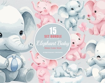 15 Bundle Watercolor Elephant Baby Blue and Pink Animal Wildlife Cartoon Art Clipart Digital File Transparent Eps / Svg / Png illustration
