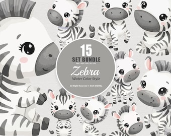 15 Bundle Watercolor Zebra Baby striped Animal Wildlife Sticker Cartoon Art Clipart Digital File Transparent Eps / Svg / Png illustration