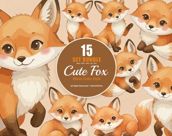 15 Bundle Watercolor Cute Fox Orange Wild Forest Animal Sticker Cartoon Art Clipart Digital File Transparent Eps / Svg / Png illustration