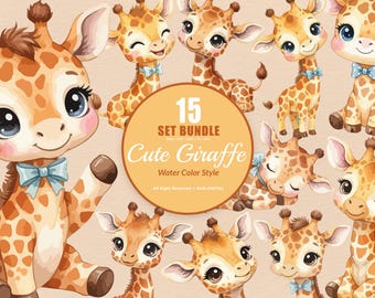 15 Bundle Watercolor Cute Giraffe Animal Wildlife Sticker Cartoon Art Clipart Digital File Transparent Eps / Svg / Png illustration