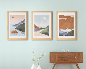 Collection of Six Minimalist Nature Landscape Art Prints Featuring Mountains and Water (Digital Download)