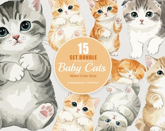 15 Bundle Watercolor Baby Cats Kitten Fluffy Pet Fat Funny Sticker Cartoon Art Clipart Digital File Transparent Eps / Svg / Png illustration