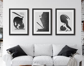 Set of six minimalist monochrome and blue abstract wall art designs for modern interiors (Digital Download)