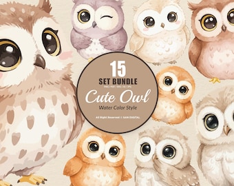 15 Bundle Watercolor Cute Owl Bird Flying Smart Kids Sticker Cartoon Art Clipart Digital File Transparent Eps / Svg / Png illustration