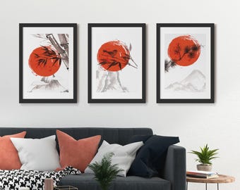 Six Minimalist Japanese Style Poster Set with Red Sun Mountain and Ink Bamboo Illustration (Digital Download)
