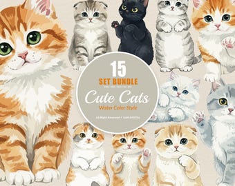 15 Bundle Watercolor Cute Cats Kitten Fluffy Pet Lovers Sticker Cartoon Art Clipart Digital File Transparent Eps / Svg / Png illustration
