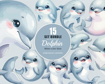 15 Bundle Watercolor Dolphin Fish Animal Sea Ocean Kids Tropical Mammal Clipart Digital File Transparent Eps / Svg / Png illustration
