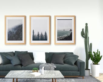 Collection of six misty forest and seaside photography prints for modern wall decoration (Digital Download)