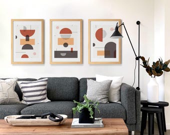 Six Minimalist Boho Wall Art Set Featuring Abstract Shapes Circles and Terracotta Colors (Digital Download)