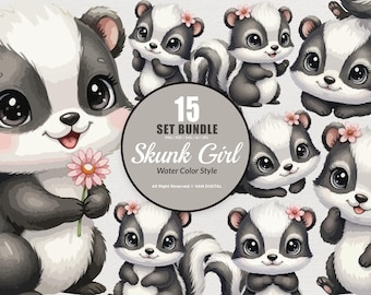 15 Bundle Watercolor Skunk Girl Cute Stripe Forest Animal Tail Kids Cartoon Clipart Digital File Transparent Eps / Svg / Png illustration