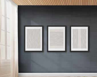 Set of Six Minimalist Black Bordered Abstract Wall Art Prints with Organic Line Patterns (Digital Download)