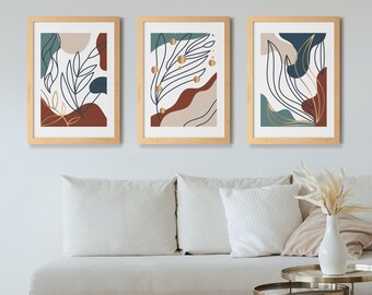 Six minimalist botanical wall art prints featuring abstract leaf illustrations in earthy tones (Digital Download)