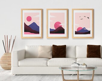 Collection of six minimalist Japanese mountain landscape posters with sun and moon art (Digital Download)