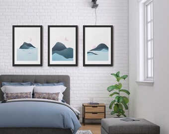 Set of six minimalist black border art posters with abstract landscape mountain graphics (Digital Download)