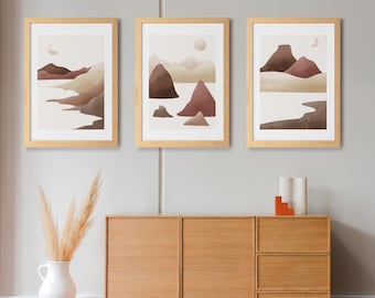 Minimalist mountain landscape art set in boho style with sun and moon watercolor designs (Digital Download)