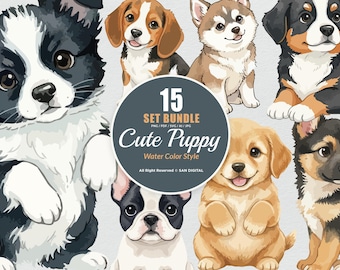 15 Bundle Watercolor Cute Puppy Dog Fluffy Pet Breeds Lover Animal Cartoon Art Clipart Digital File Transparent Eps / Svg / Png illustration