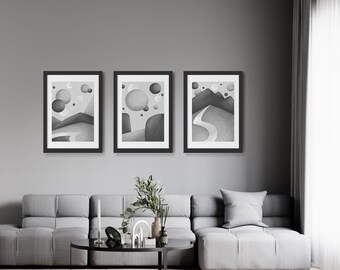 Six minimalist monochromatic abstract wall art prints with geometric and landscape shapes (Digital Download)