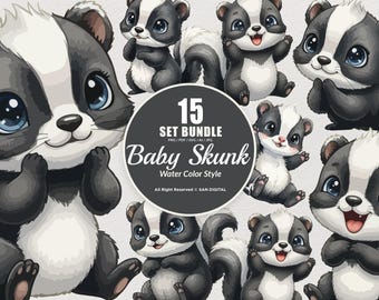 15 Bundle Watercolor Baby Skunk Stripe Forest Animal Kids Cartoon Clipart Digital File Transparent Eps / Svg / Png illustration
