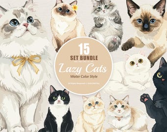 15 Bundle Watercolor Lazy Cats Kitten Fluffy Pet Happy Funny Sticker Cartoon Clipart Digital File Transparent Eps / Svg / Png illustration