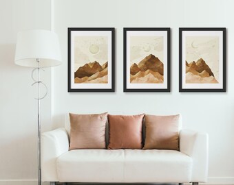 Set of Six Minimalist Watercolor Mountain Landscapes with Sun and Moon Abstract Art (Digital Download)