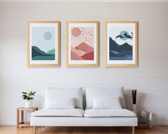 Collection of Six Minimalist Nature Posters with Abstract Mountains and Floral Art (Digital Download)