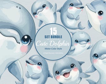 15 Bundle Watercolor Cute Dolphin Fish Animal Sea Ocean Kids Tropical Cartoon Clipart Digital File Transparent Eps / Svg / Png illustration