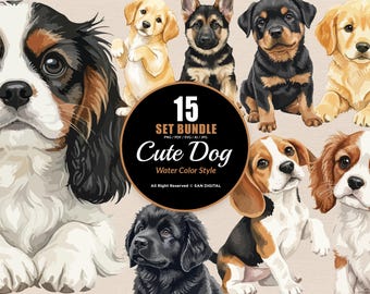 15 Bundle Watercolor Cute Dog Fluffy Pet Breeds Lover Animal Sticker Cartoon Clipart Digital File Transparent Eps / Svg / Png illustration