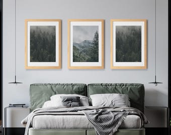 Minimalist collection of six misty forest landscape wall art with pine trees and fog (Digital Download)