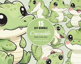 15 Bundle Watercolor Baby Crocodile Animal Wild Predator River Reptile Art Clipart Digital File Transparent Eps / Svg / Png illustration