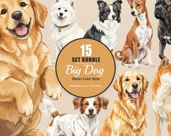 15 Bundle Watercolor Big Dog Fluffy Pet Breed Lover Animal Sticker Cartoon Art Clipart Digital File Transparent Eps / Svg / Png illustration
