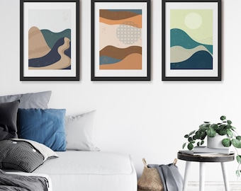Six Boho Minimalist Abstract Mountain Landscape Wall Art Prints with Black Borders (Digital Download)