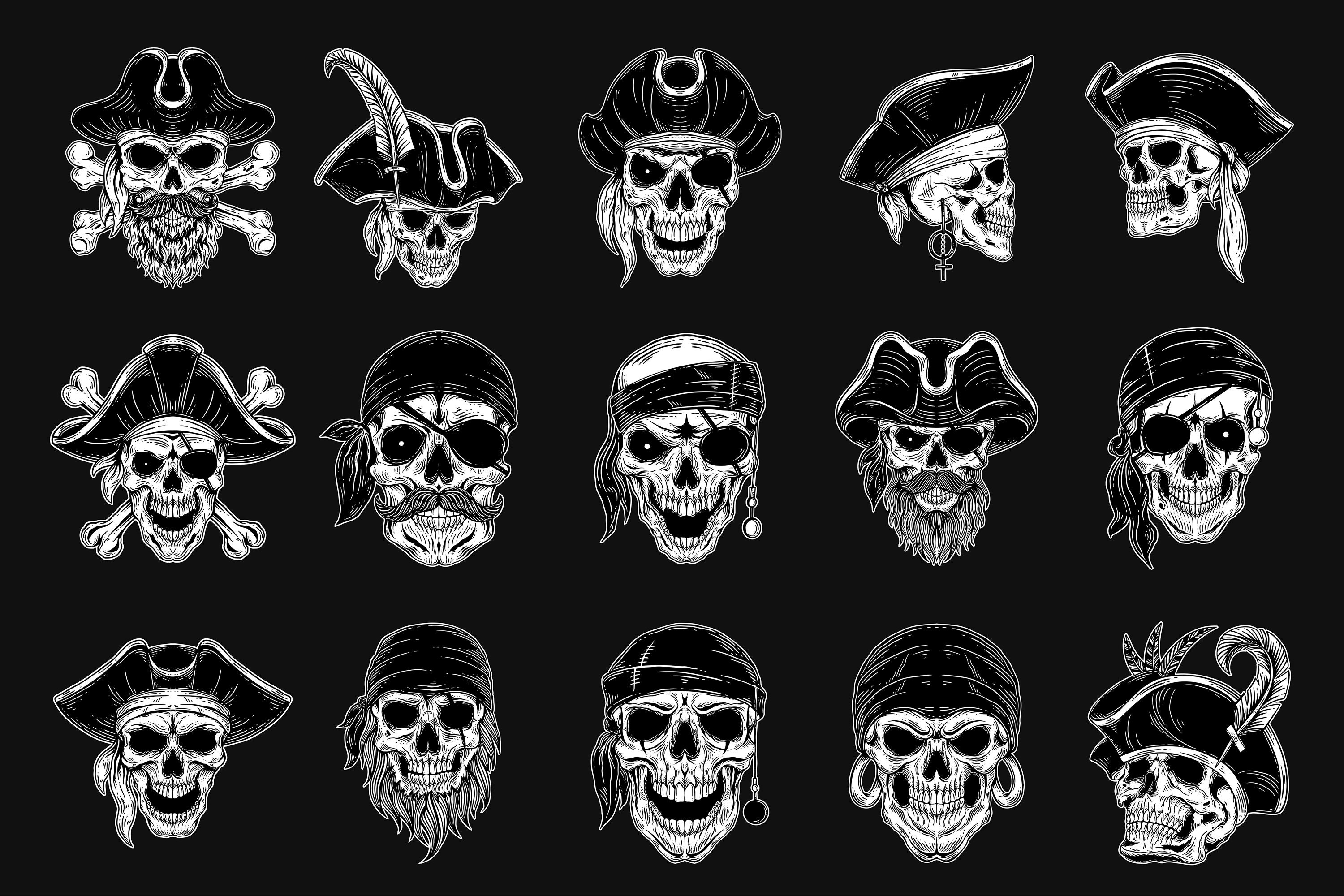 15 Set Bundle Pirate Captain Skull Head Clipart Skull Svg Bundle, Sugar