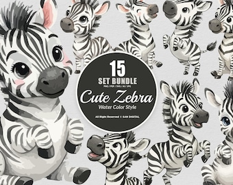 15 Bundle Watercolor Cute Zebra Black White Striped Animal Wildlife Carton Art Clipart Digital File Transparent Eps / Svg / Png illustration