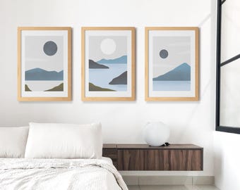 Collection of six abstract minimalist landscape posters featuring mountain and moon shapes (Digital Download)